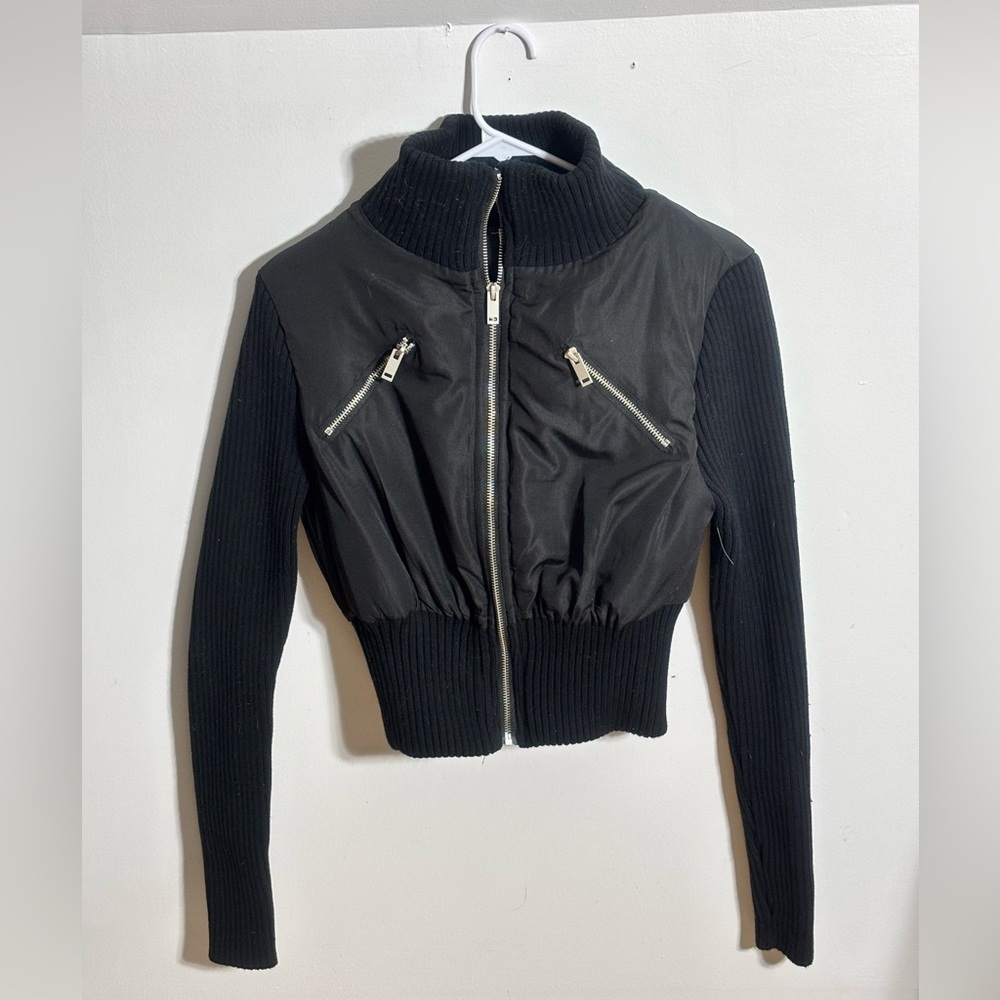 Stella Tweed Black Bomber Jacket with Ribbed Sleeves & Zipper Accents - Picture 2 of 4